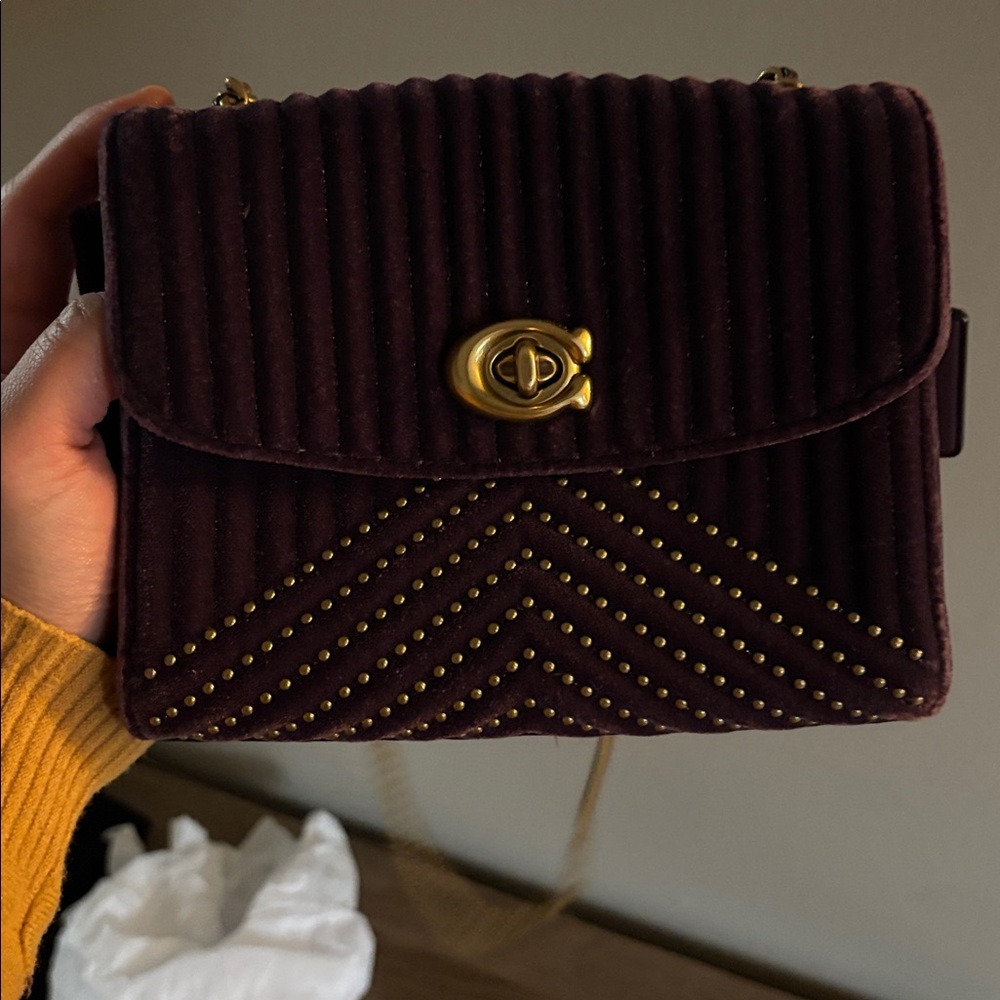 Coach Purple Velvet Quilted Crossbody with Gold Chain - Picture 12 of 12